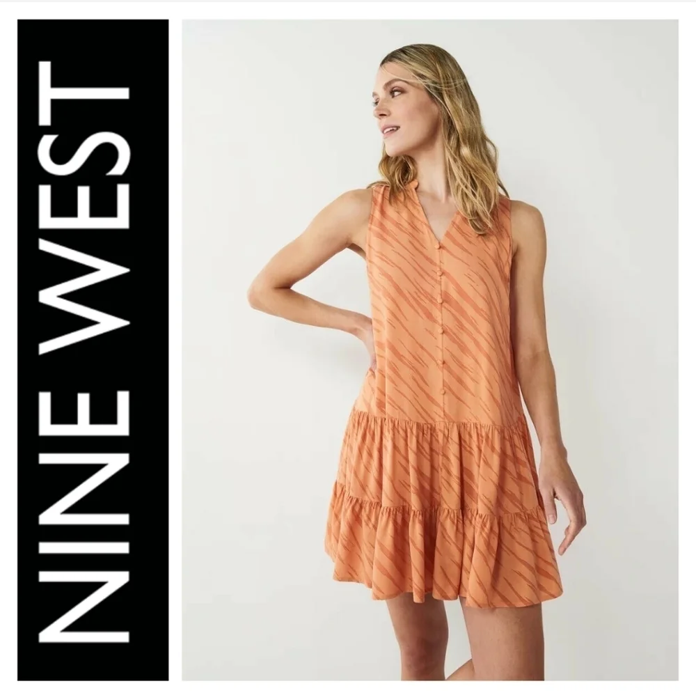 Nine West Orange Zebra Flouncy Button-Front Tiered Size XS.